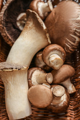 Fresh mushrooms in wicker basket