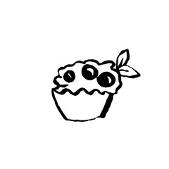 Cup cake with berry icon. Grunge ink vector illustration.