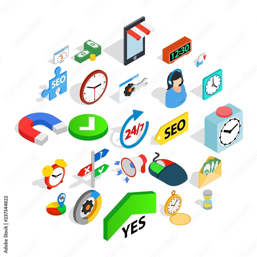 Poster working hour icons set. isometric set of 25 working hour vector icons for web isolated on white back