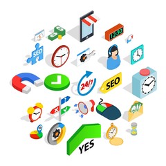 Working hour icons set. Isometric set of 25 working hour vector icons for web isolated on white background