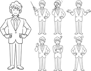 若手ビジネスマンのポーズ　7種類のセット2　線画
