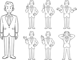 若手ビジネスマンのポーズ　7種類のセット　線画
