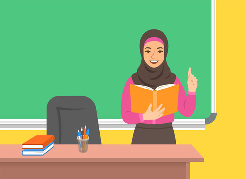Arab woman teacher in hijab standing with open book at the blackboard in classroom. School class interior. Traditional education concept. Vector cartoon illustration. Back to school banner.