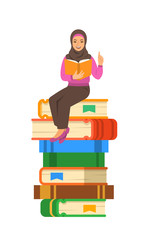 Young arab woman teacher reads open book sitting on stack of giant books. School education concept. Vector cartoon illustration. Clever expert shares knowledge. Isolated on white
