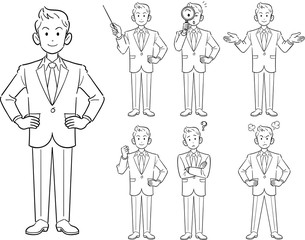 若手ビジネスマンのポーズ　7種類のセット2　線画
