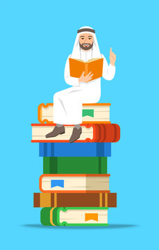 Young arab man teacher reads open book sitting on stack of giant books. School education concept. Vector cartoon illustration. Clever expert shares knowledge. Isolated on white