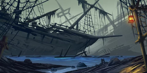 Wandcirkels Piraten Gestrand schip. Spookschip. Fictie achtergrond. Concept kunst. Realistische illustratie. Videogame digitaal CG-kunstwerk. Natuur landschap.  © info@nextmars.com