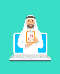 Online business coaching concept. Vector flat illustration. Young arab man business coach on computer monitor holds graphic of money growth. Business training on internet. Marketing strategy