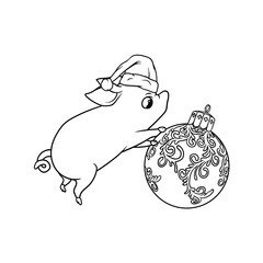 Little cute piglet rolling a Christmas tree ball, outline