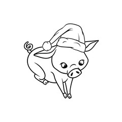 Little piggy sitting, while wearing a Santas hat, outline