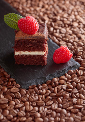 Closeup of chocolate cake with raspberry and mint.
