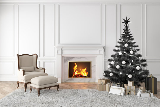 Black christmas tree in classic interior with fireplace, lounge armchair, carpet, gifts and wall panels. 3d render illustration mock up.