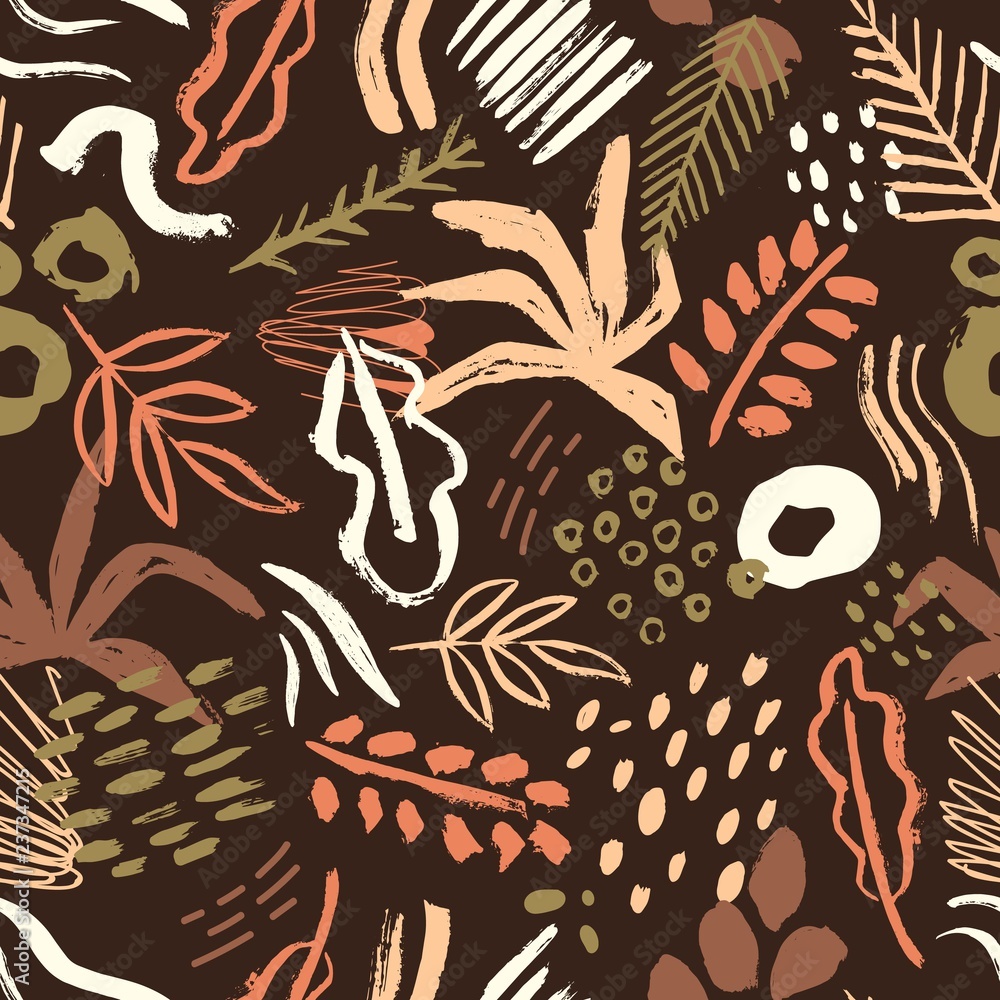 Aufkleber brown seamless pattern with abstract colorful paint stains, smudges, scribble on dark background. ab