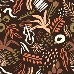 Brown seamless pattern with abstract colorful paint stains, smudges, scribble on dark background. Abstract artistic backdrop. Trendy vector print in contemporary art style for wrapping paper.
