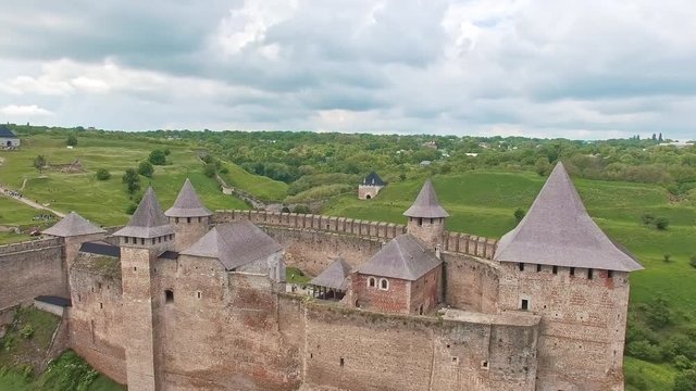 Bird eyes view of fortification medieval castle named Khotyn
