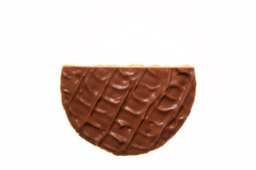 HALF A CHOCOLATE BISCUIT ISOLATED ON WHITE BACKGROUND