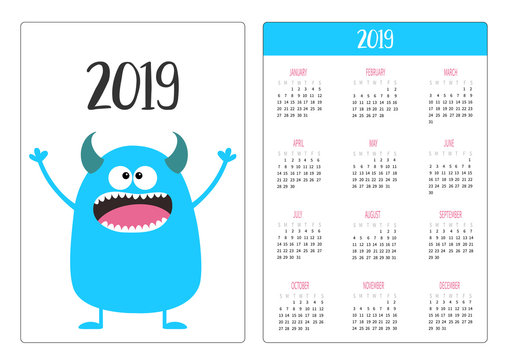 Pocket calendar 2019 year. Week starts Sunday. Blue monster icon. Cute funny cartoon kawaii baby character. White background. Flat design.