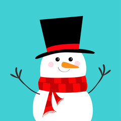 Snowman, carrot nose, black hat, red scarf. Merry Christmas. Cute cartoon funny kawaii character. Blue winter background. Happy New Year. Greeting card. Flat design.