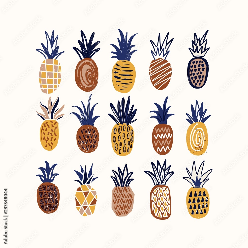 Poster composition with stylized pineapples of various texture on white background. collection of delicious