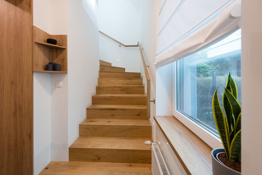 Wooden stairway in modern house