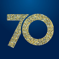 70 th years old logotype. Isolated golden color abstract dot graphic symbol of 70%. Shiny straight elegant cut label design template. Round shape digits, up to -70 % percent off sign. Discount emblem. © koltukovs
