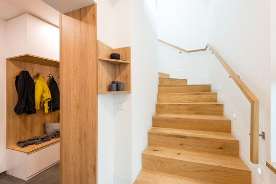 Wooden stairway in modern house