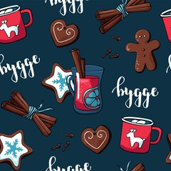 Cute hygge pattern for fabric with christmas elements. Vector hand drawn seamless pattern with hygge lettering and cozy things: cocoa with marshmallows, hot chocolate, deer, cinnamon, mulled wine.