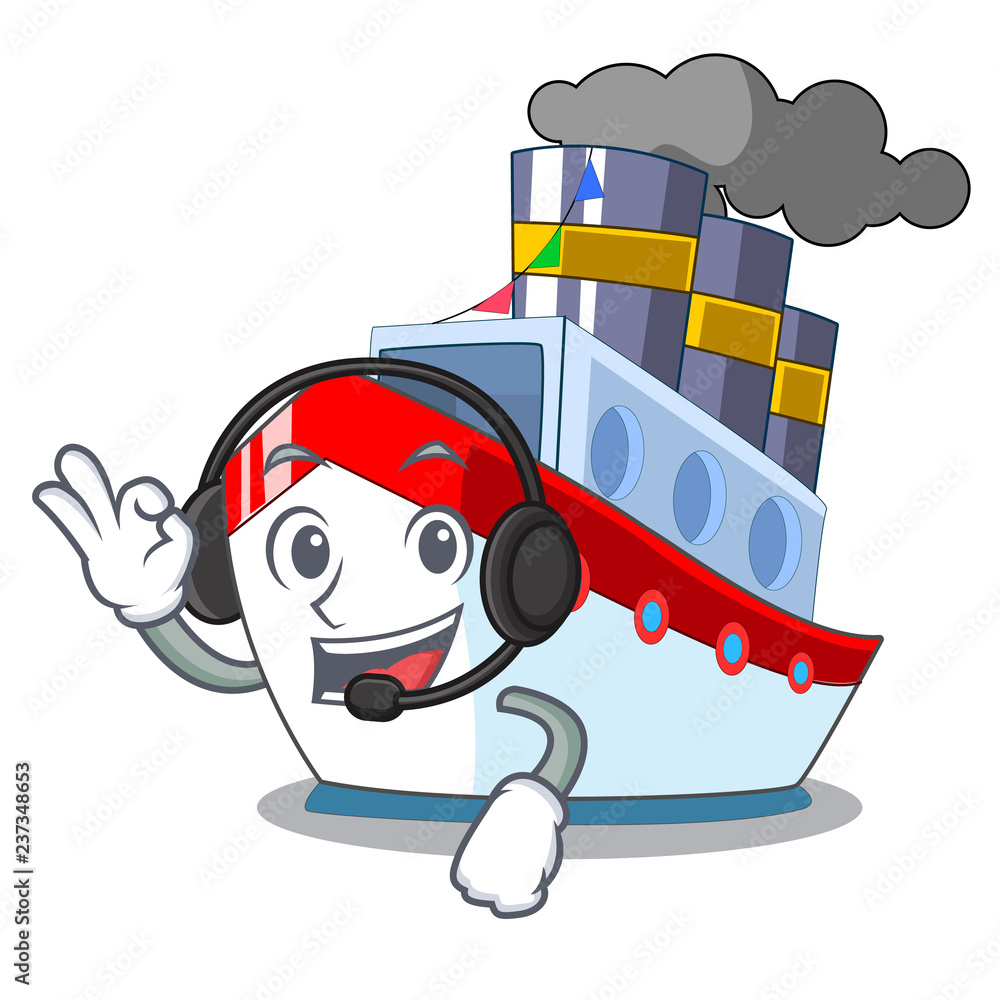 Poster with headphone ship contener a in shape cartoon