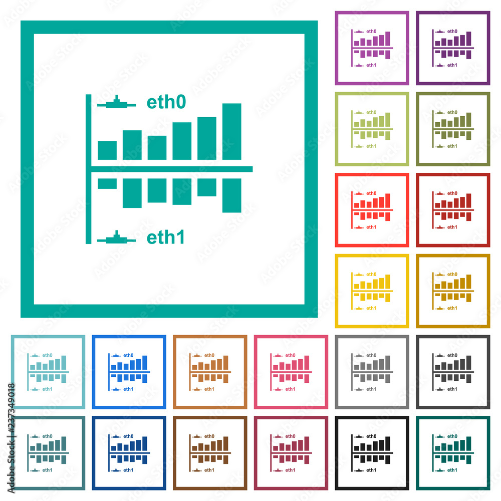 Poster network statistics flat color icons with quadrant frames