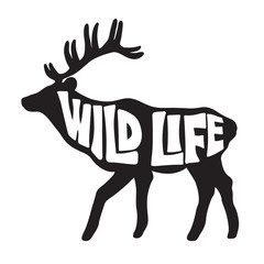 Hand drawn illustration with deer and lettering. Black and white background vector. Wild life, phrase, poster design. Decorative backdrop with english text and animal