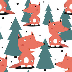 Foxes and fir-trees; hand drawn backdrop. Colorful seamless pattern with animals. Cute wallpaper; good for printing. Overlapping background vector. Design illustration