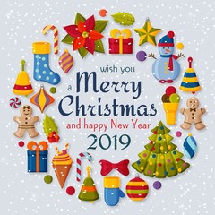 Christmas background with 3d paper cut signs. Cute kids toys and accessories. Snowfall at the back. New Year greeting card or banner concept