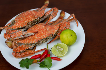 Blue crabs closeup with on a plate, on a wooden background