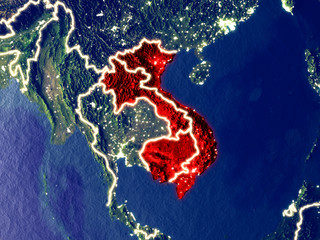 Indochina from space on Earth at night. Very fine detail of the plastic planet surface with bright city lights.