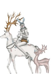 black and white Pencil hand drawn fashion illustration of a woman riding an elk dressed in underwear, high hills, rabbit's tail and years
