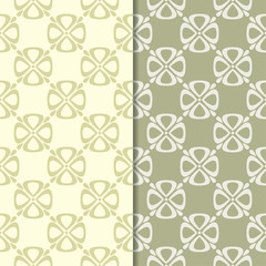 Olive green floral ornamental backgrounds. Set of seamless patterns