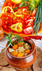 Traditional rustic home  gulyas, with raw vegetables and spices in clay pots on  wooden table.