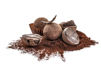 Tasty chocolate truffles with cacao powder on white background