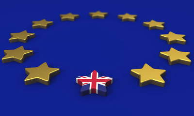 Brexit concept. European union yellow stars with great britain union jack flag. 3D Rendering