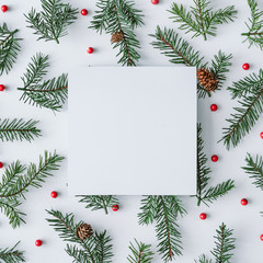 Fir branches with red berries background pattern. Winter flat lay composition. Top view.