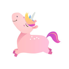 Pink funny smiling unicorn. Vector illustration.