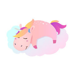 Pink funny smiling unicorn. Vector illustration.