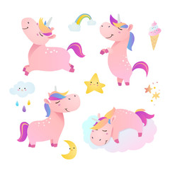 Fototapeta premium Set of funny smiling unicorns. Vector illustration.