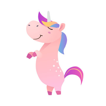 Pink funny smiling unicorn. Vector illustration.
