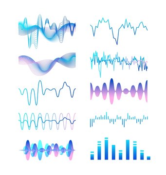 Collection of different gradient colored sound waves, audio or acoustic electronic signals isolated on white background. Bundle of music record or track visualizations. Colorful vector illustration.