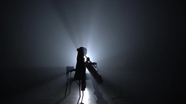 Woman bows the cello in a smoky room at night. Silhouette. Black smoke background