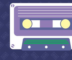 Retro party 80's banner, cover or invitation card with cassete tape. Old style vector poster