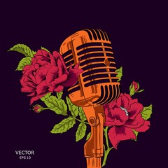 The image of the microphone with flowers. Floral print for clothes. Floral print design with lettering. Greeting card. Vector illustration. - 237353696