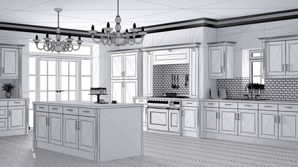 Unfinished project draft of classic vintage luxury kitchen, island with two big chandeliers pendant lamps and big window, contemporary architecture interior design