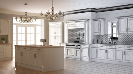 Unfinished project draft of classic vintage luxury kitchen, island with two big chandeliers pendant lamps and big window, contemporary architecture interior design
